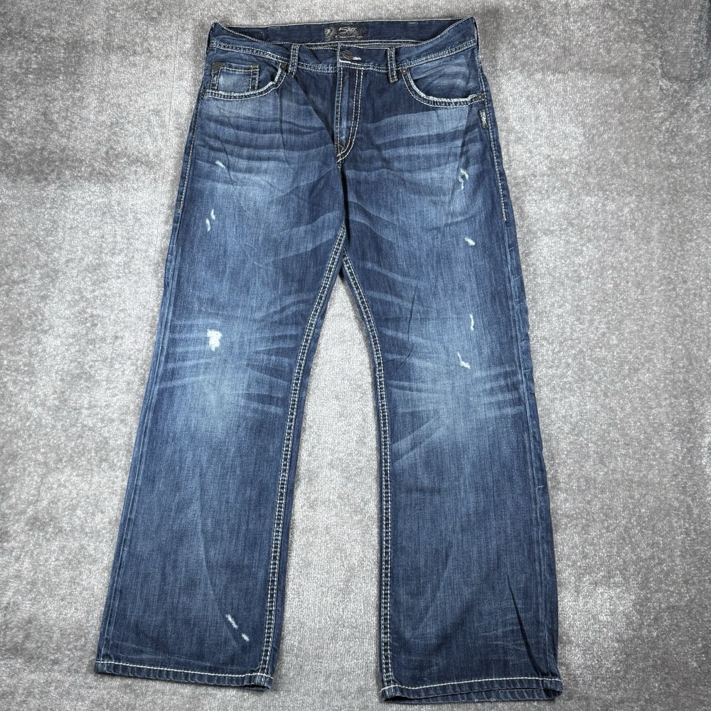 Silver Jeans Men's 38x34 Blue Denim Gordie Pocket Flaps Distressed Straight